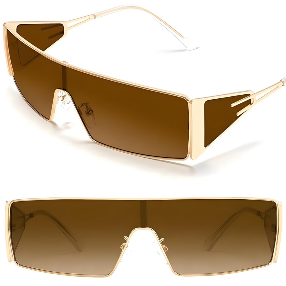 Gold & Brown Shield Sunglasses Futuristic Luxury Shield Y2K For Women Stylish